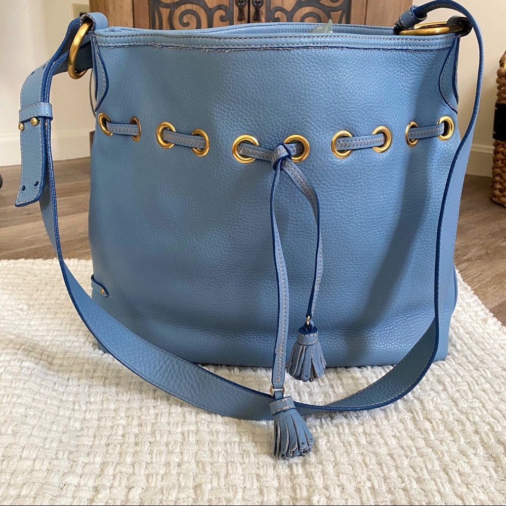 Cole Haan light blue pebble leather hobo bucket single strap crossbody bag
